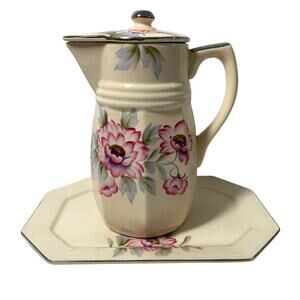 Vintage Ceramic Teapot with Octagon Tray‎ Pink Floral Hand Painted  Japan